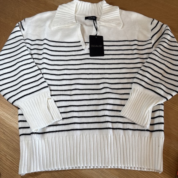 Women's Small Escalier White With Black Strips Dress Polo Style Sweater - Picture 1 of 8